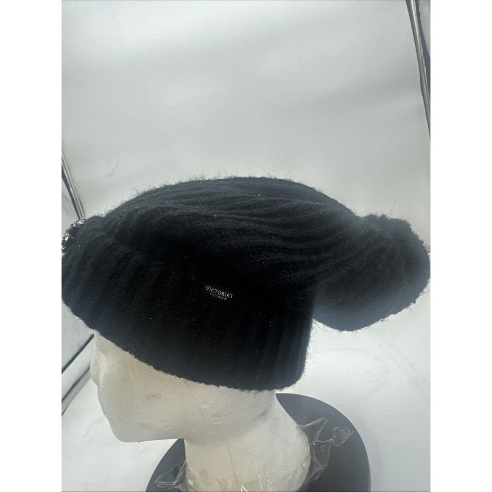 Victoria's Secret Winter Angel Pom Pom Beanie Hat w/ Bling Black -New in Package